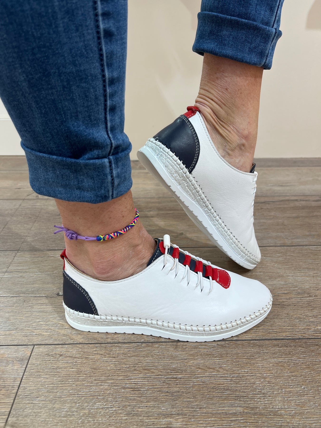 CALISIR MOC LACE SLIP-ON SHOE - WHITE/NAVY/RED – Victor Dwyer Ladies ...