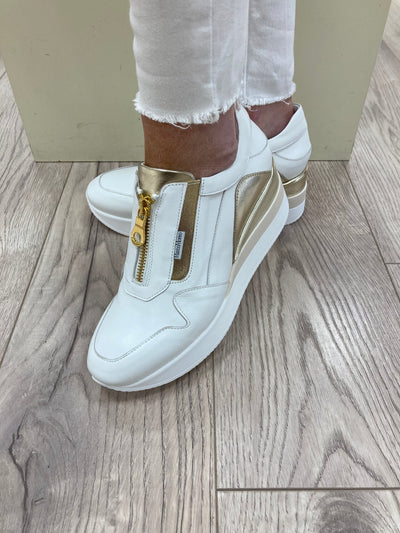 MARCO MOREO - B652 COM7 ZIP WEDGE SHOE GOLD TRIM - WHITE LEATHER