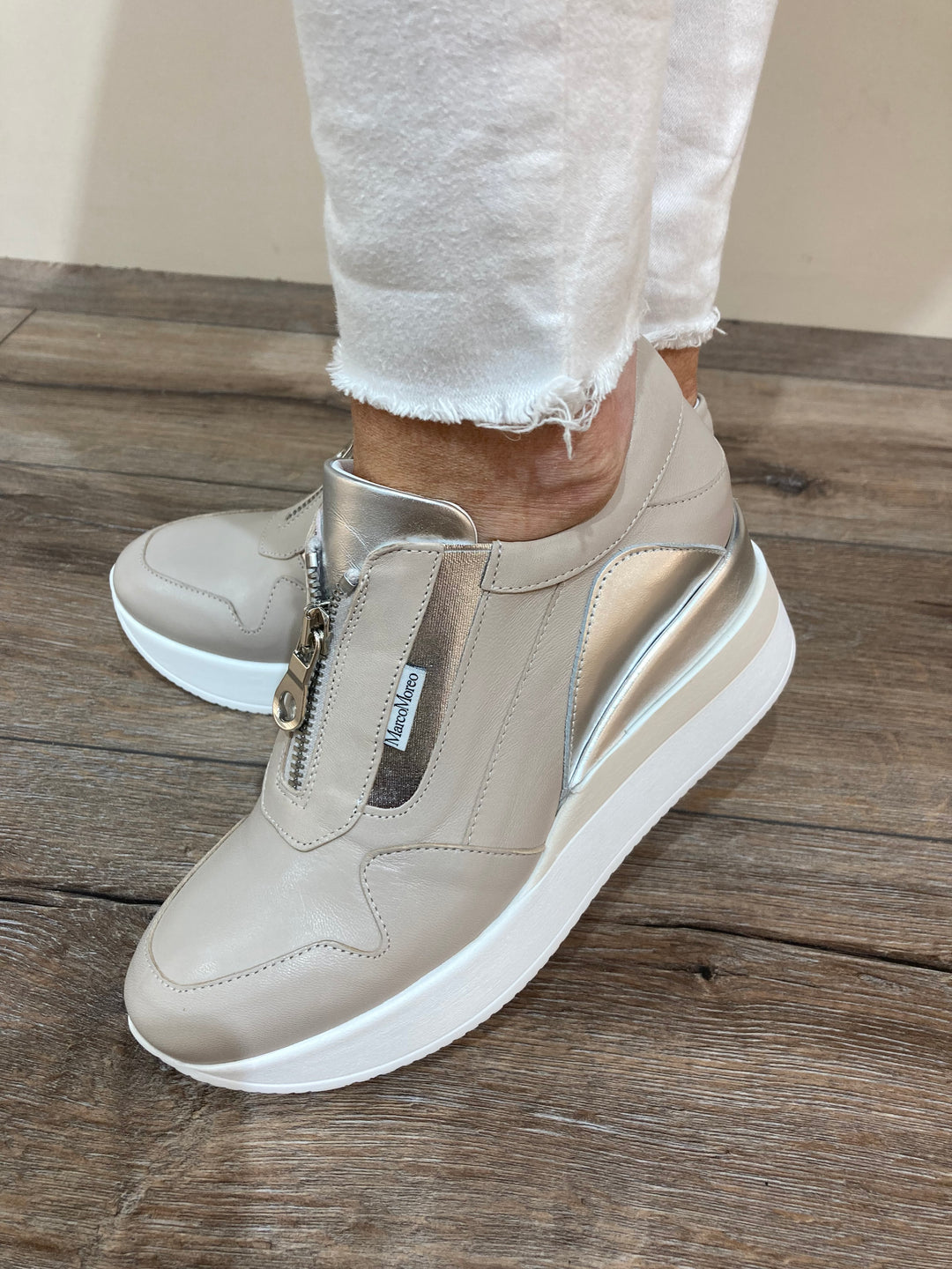 Marco Moreo B652 COM2 Front Zip Fashion Wedge Shoe Taupe/Silver