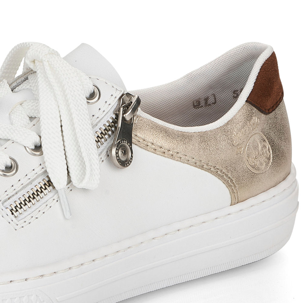 RIEKER -  L59A1-80  LACE UP/ZIP CASUAL TRAINER - WHITE/GOLD