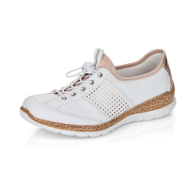 RIEKER - N42G8-80 FLAT SLIP-ON TOGGLE LACE COMFORT SHOE - WHITE/ROSE GOLD