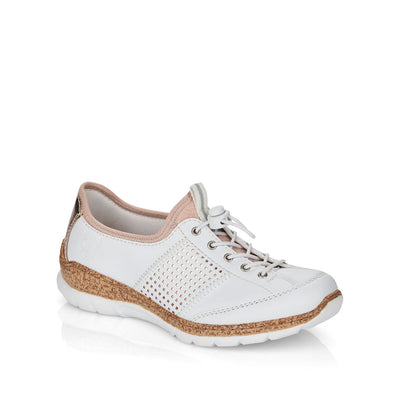 RIEKER - N42G8-80 FLAT SLIP-ON TOGGLE LACE COMFORT SHOE - WHITE/ROSE GOLD