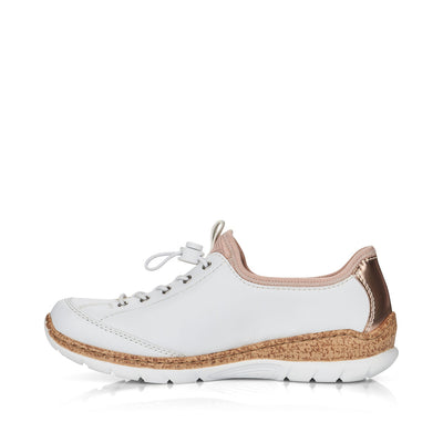 RIEKER - N42G8-80 FLAT SLIP-ON TOGGLE LACE COMFORT SHOE - WHITE/ROSE GOLD