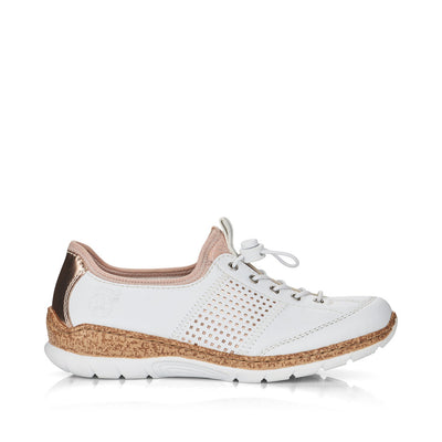 RIEKER - N42G8-80 FLAT SLIP-ON TOGGLE LACE COMFORT SHOE - WHITE/ROSE GOLD