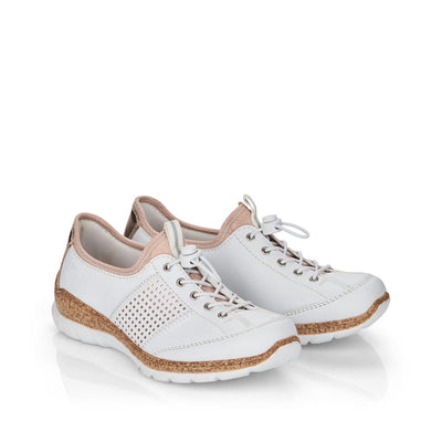RIEKER - N42G8-80 FLAT SLIP-ON TOGGLE LACE COMFORT SHOE - WHITE/ROSE GOLD