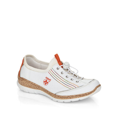 RIEKER - N42T0-81 FLAT SLIP-ON TOGGLE LACE COMFORT SHOE - WHITE/ORANGE