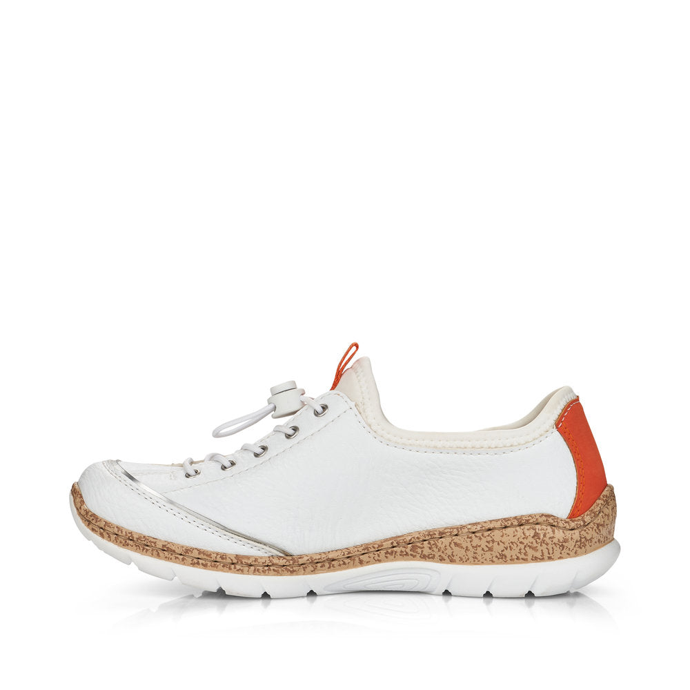 RIEKER - N42T0-81 FLAT SLIP-ON TOGGLE LACE COMFORT SHOE - WHITE/ORANGE