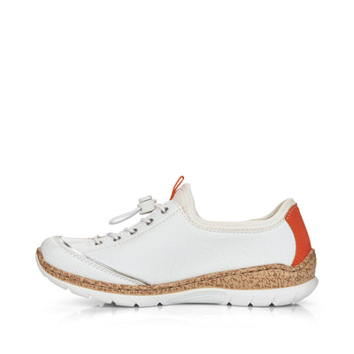RIEKER - N42T0-81 FLAT SLIP-ON TOGGLE LACE COMFORT SHOE - WHITE/ORANGE
