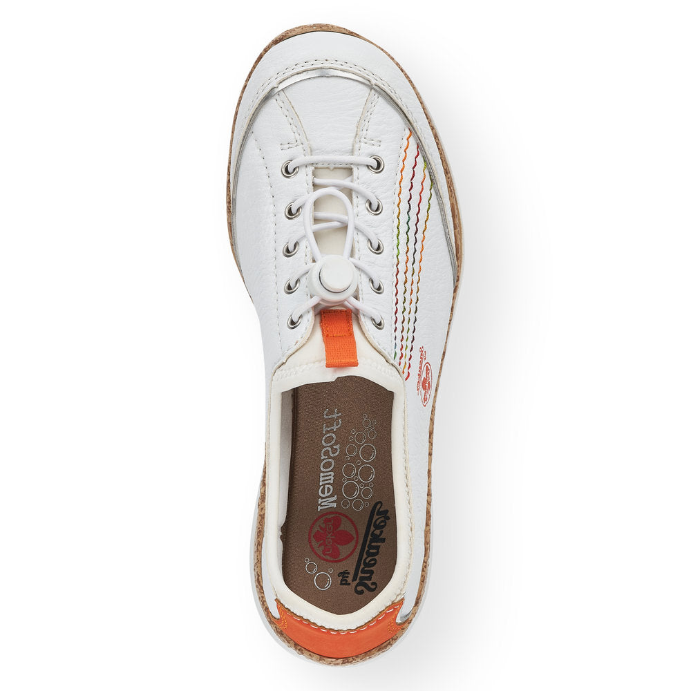 RIEKER - N42T0-81 FLAT SLIP-ON TOGGLE LACE COMFORT SHOE - WHITE/ORANGE