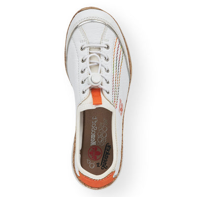 RIEKER - N42T0-81 FLAT SLIP-ON TOGGLE LACE COMFORT SHOE - WHITE/ORANGE