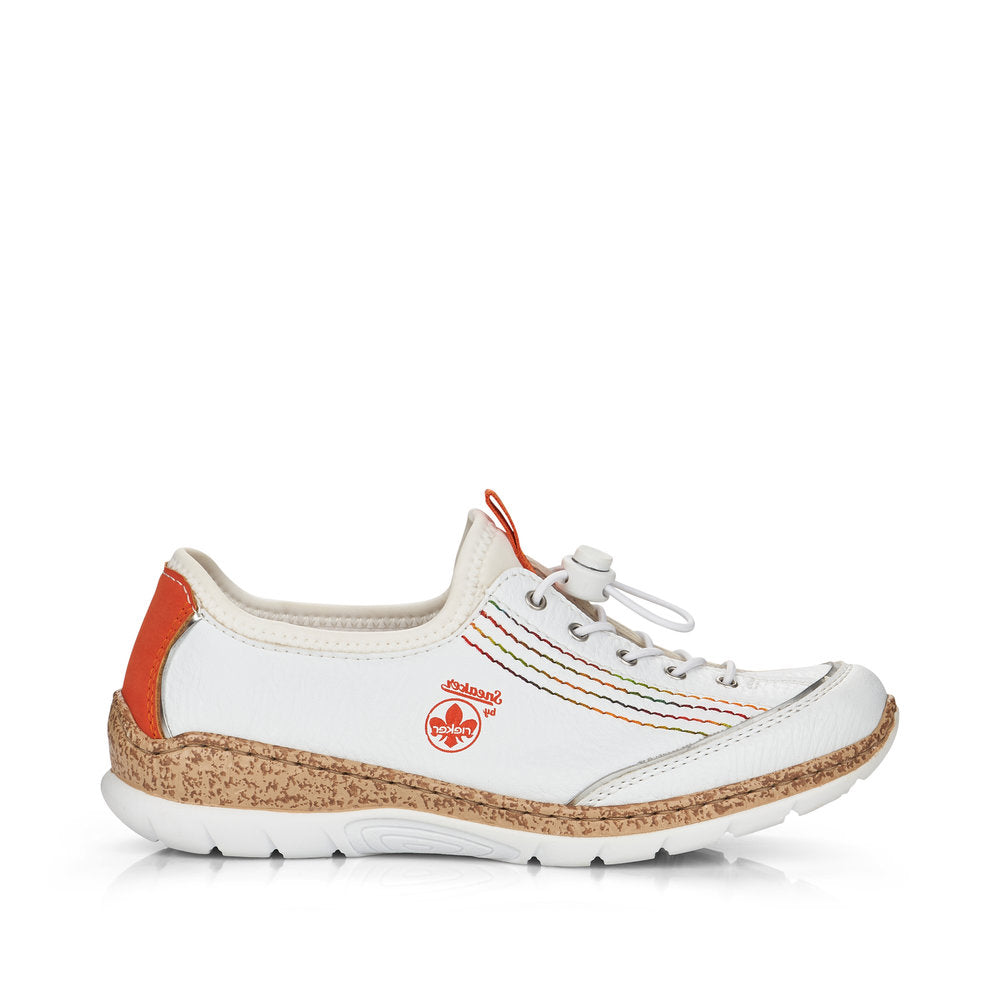 RIEKER - N42T0-81 FLAT SLIP-ON TOGGLE LACE COMFORT SHOE - WHITE/ORANGE