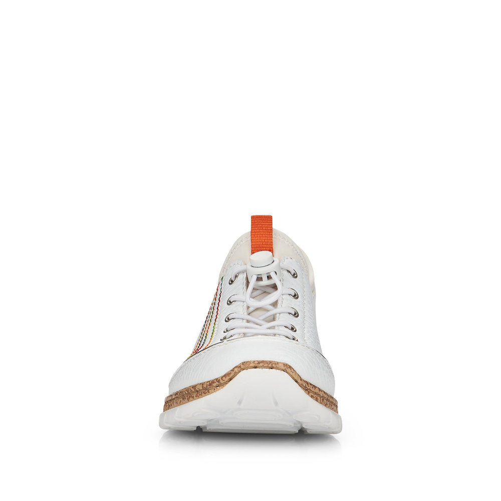 RIEKER - N42T0-81 FLAT SLIP-ON TOGGLE LACE COMFORT SHOE - WHITE/ORANGE
