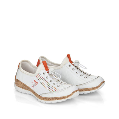 RIEKER - N42T0-81 FLAT SLIP-ON TOGGLE LACE COMFORT SHOE - WHITE/ORANGE