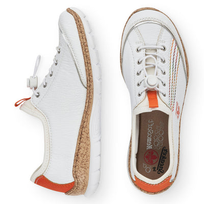 RIEKER - N42T0-81 FLAT SLIP-ON TOGGLE LACE COMFORT SHOE - WHITE/ORANGE