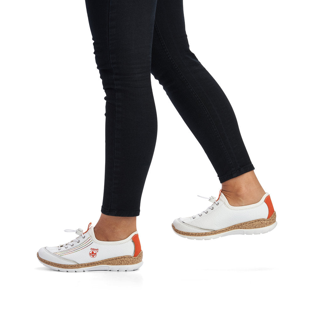 RIEKER - N42T0-81 FLAT SLIP-ON TOGGLE LACE COMFORT SHOE - WHITE/ORANGE