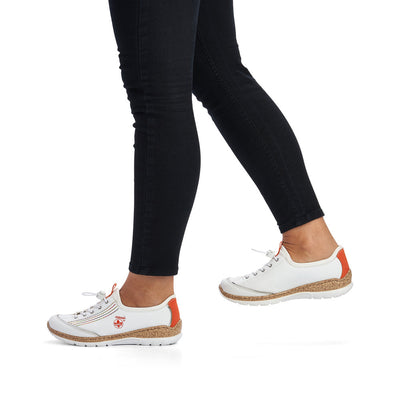 RIEKER - N42T0-81 FLAT SLIP-ON TOGGLE LACE COMFORT SHOE - WHITE/ORANGE