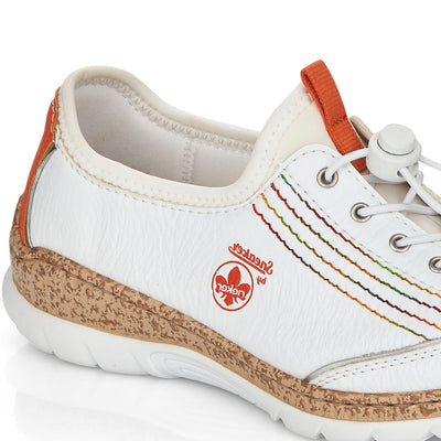 RIEKER - N42T0-81 FLAT SLIP-ON TOGGLE LACE COMFORT SHOE - WHITE/ORANGE