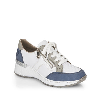RIEKER - N4303-81 LACED/ZIP WEDGE FASHION SHOE - WHITE/BLUE/GREY