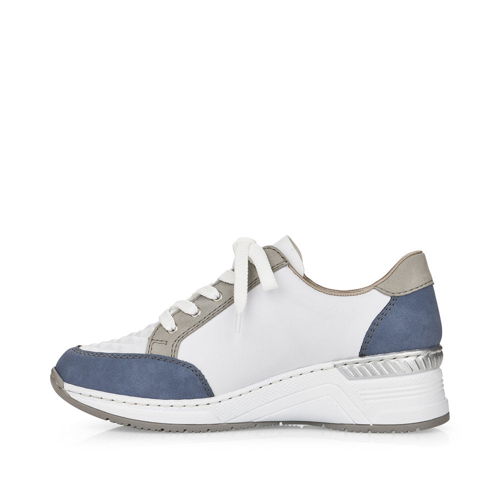 RIEKER - N4303-81 LACED/ZIP WEDGE FASHION SHOE - WHITE/BLUE/GREY