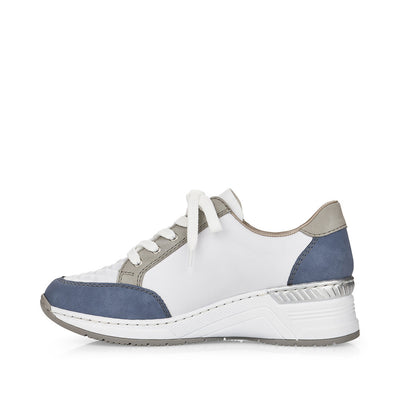 RIEKER - N4303-81 LACED/ZIP WEDGE FASHION SHOE - WHITE/BLUE/GREY