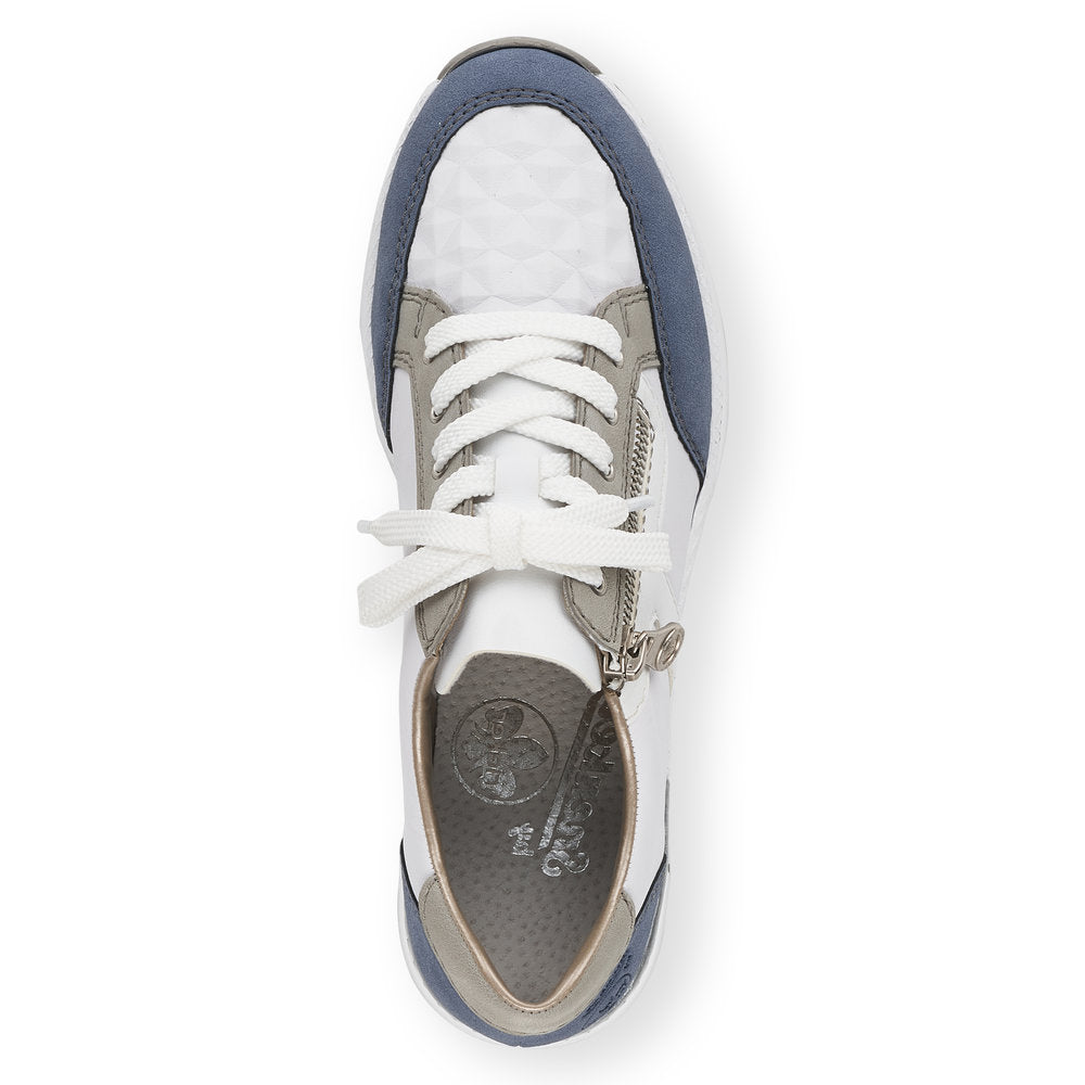 RIEKER - N4303-81 LACED/ZIP WEDGE FASHION SHOE - WHITE/BLUE/GREY