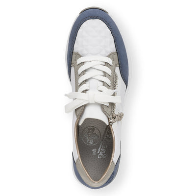 RIEKER - N4303-81 LACED/ZIP WEDGE FASHION SHOE - WHITE/BLUE/GREY