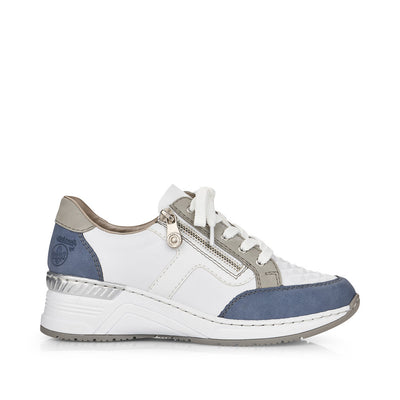 RIEKER - N4303-81 LACED/ZIP WEDGE FASHION SHOE - WHITE/BLUE/GREY