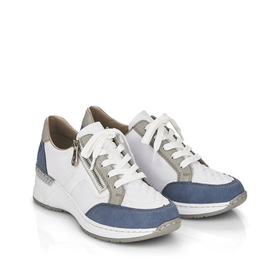 RIEKER - N4303-81 LACED/ZIP WEDGE FASHION SHOE - WHITE/BLUE/GREY