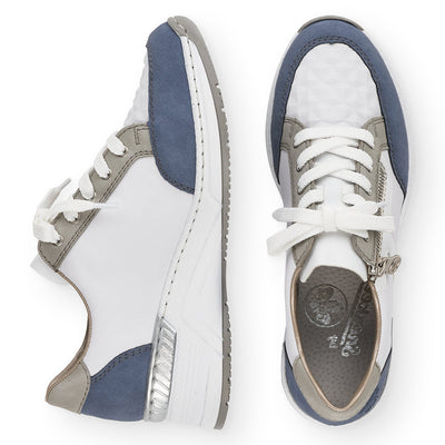 RIEKER - N4303-81 LACED/ZIP WEDGE FASHION SHOE - WHITE/BLUE/GREY