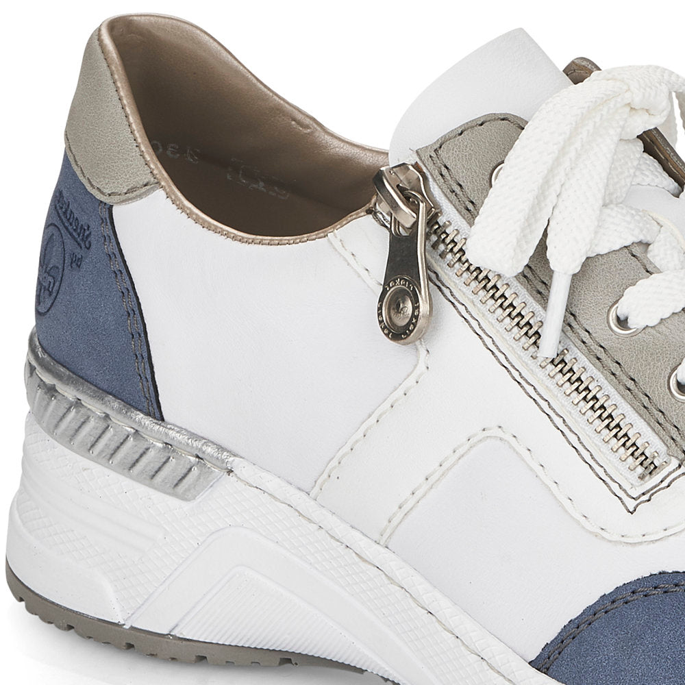 RIEKER - N4303-81 LACED/ZIP WEDGE FASHION SHOE - WHITE/BLUE/GREY