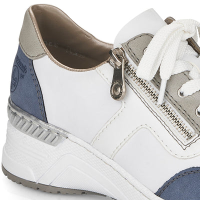 RIEKER - N4303-81 LACED/ZIP WEDGE FASHION SHOE - WHITE/BLUE/GREY