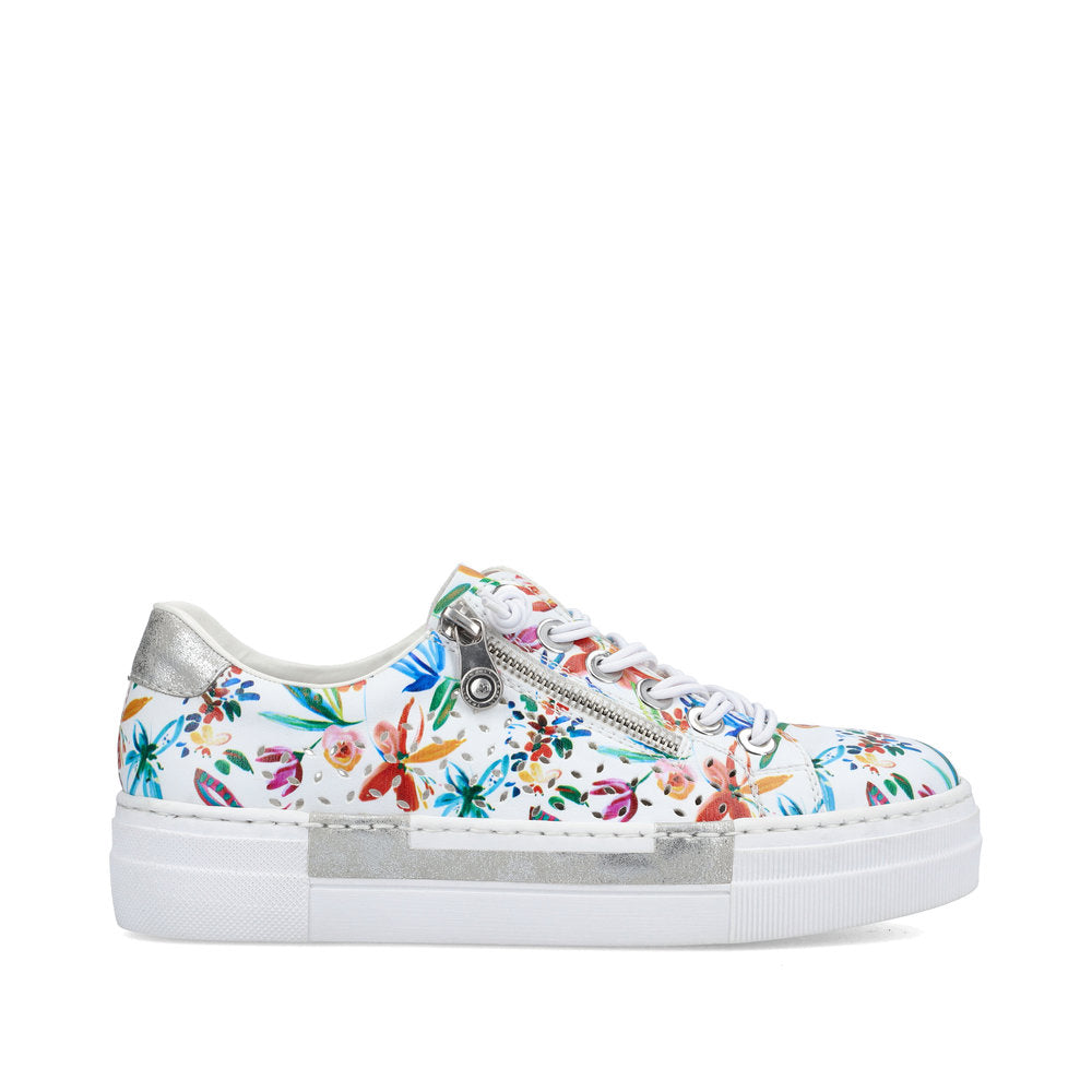 RIEKER - N4940-90 LACED FASHION PLATFORM SHOE WITH SIDE ZIP - WHITE FLORAL
