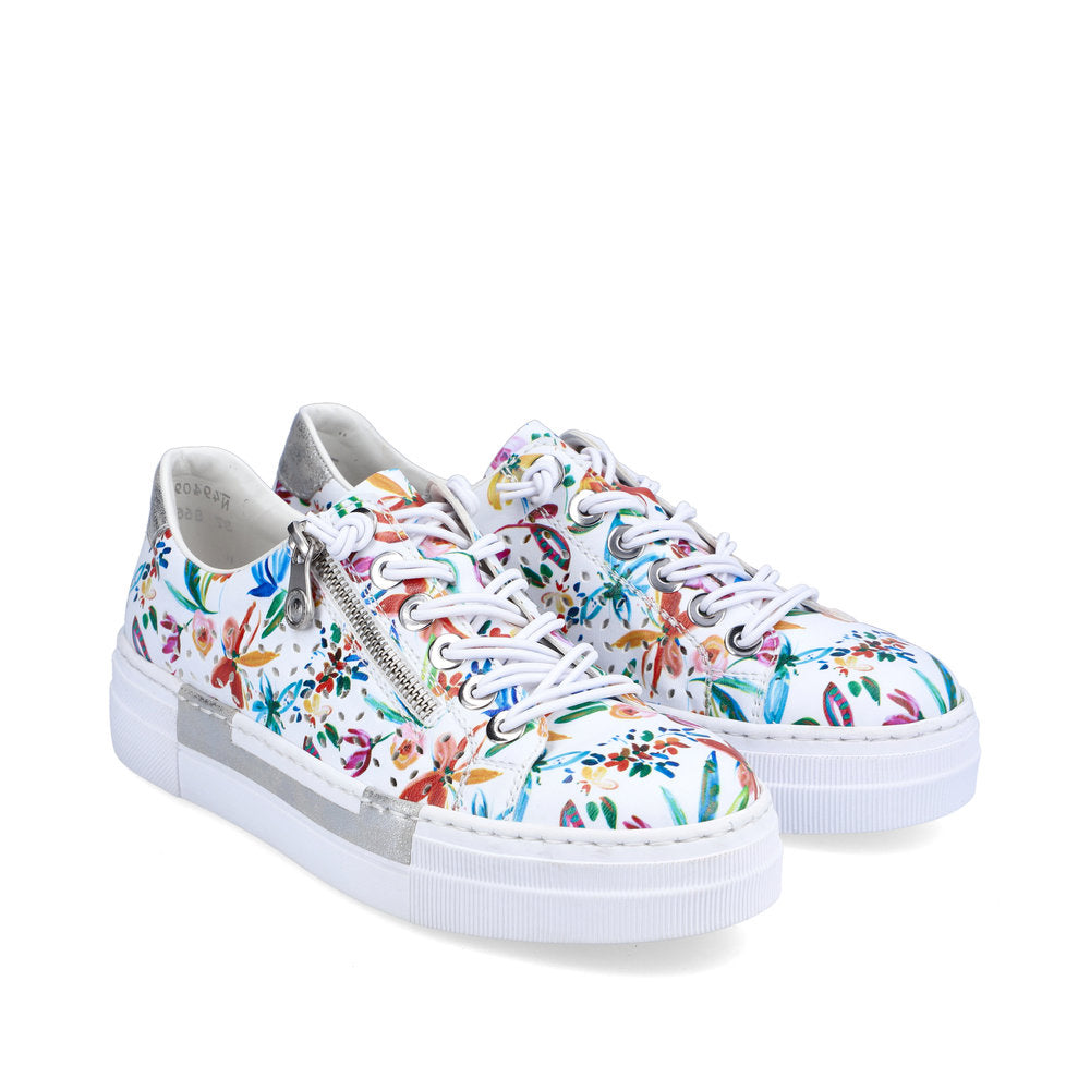 RIEKER - N4940-90 LACED FASHION PLATFORM SHOE WITH SIDE ZIP - WHITE FLORAL