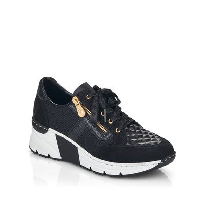 RIEKER - N6303-00 FASHION LACED WEDGE SHOE WITH ZIP - BLACK MIX