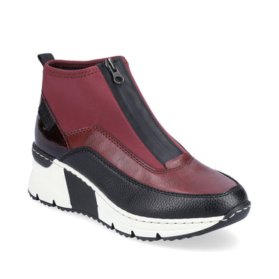 RIEKER - N6352-35 LOW WEDGE FRONT ZIP ANKLE BOOT - BURGUNDY