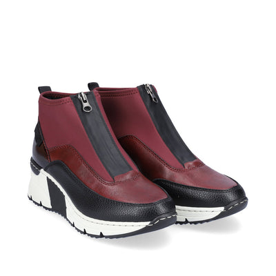 RIEKER - N6352-35 LOW WEDGE FRONT ZIP ANKLE BOOT - BURGUNDY