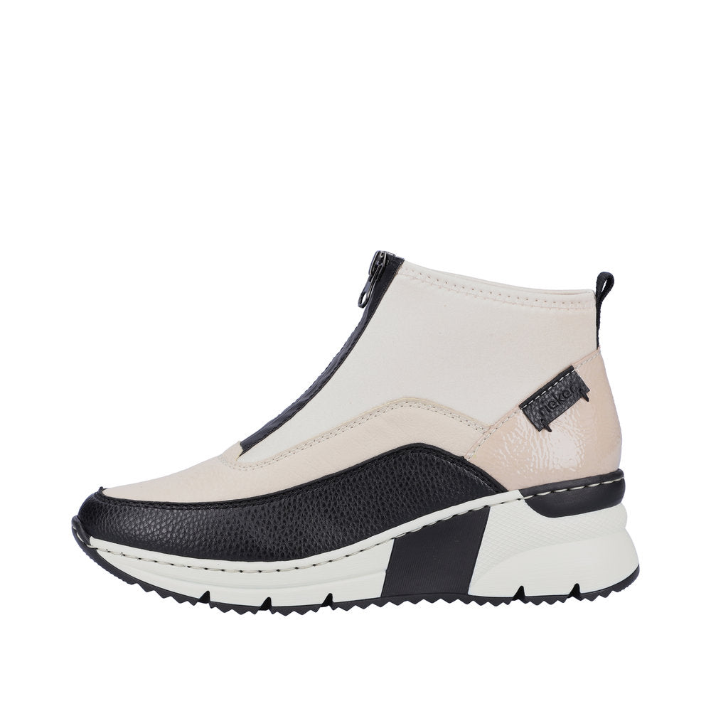 RIEKER N6352-60 LOW WEDGE FRONT ZIP ANKLE BOOT - CREAM