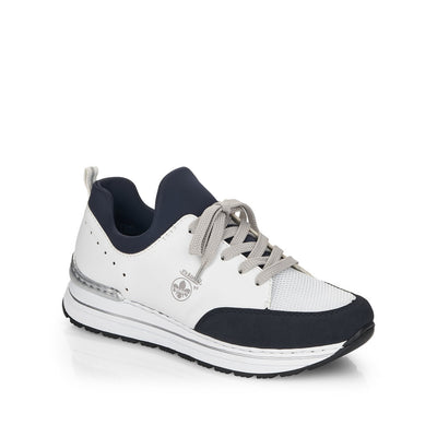 RIEKER - N6973-80 LOW WEDGE MOC LACE SLIP-ON SHOE - WHITE/NAVY