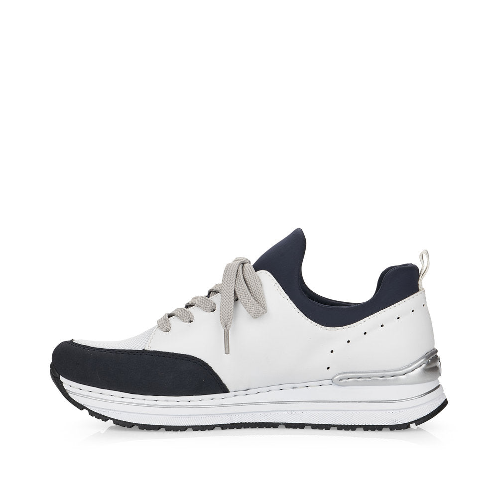 RIEKER - N6973-80 LOW WEDGE MOC LACE SLIP-ON SHOE - WHITE/NAVY