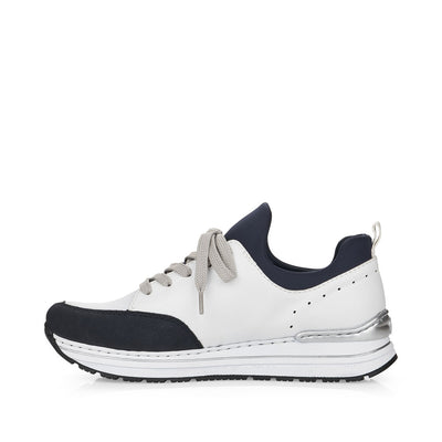 RIEKER - N6973-80 LOW WEDGE MOC LACE SLIP-ON SHOE - WHITE/NAVY