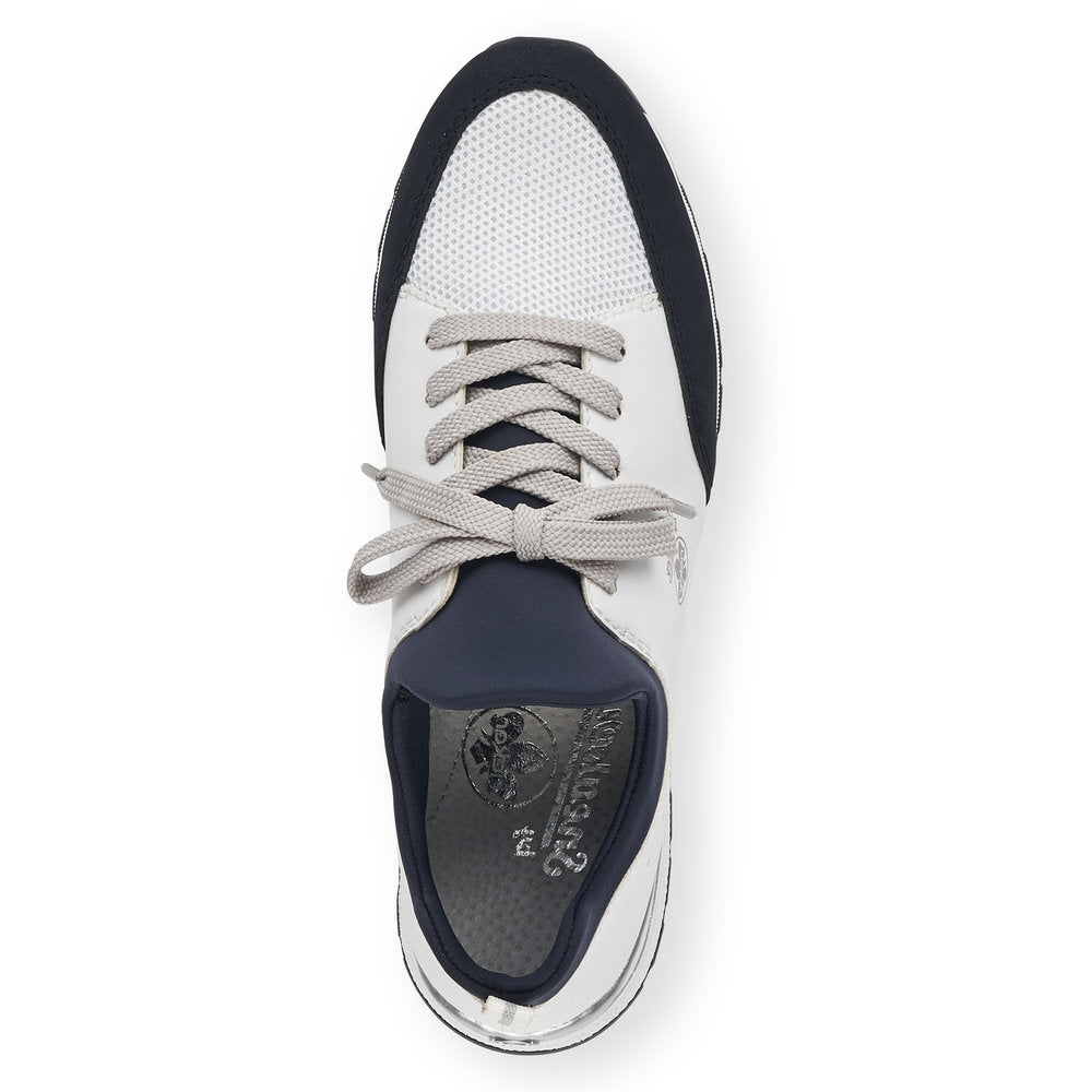 RIEKER - N6973-80 LOW WEDGE MOC LACE SLIP-ON SHOE - WHITE/NAVY