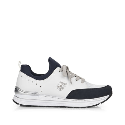 RIEKER - N6973-80 LOW WEDGE MOC LACE SLIP-ON SHOE - WHITE/NAVY