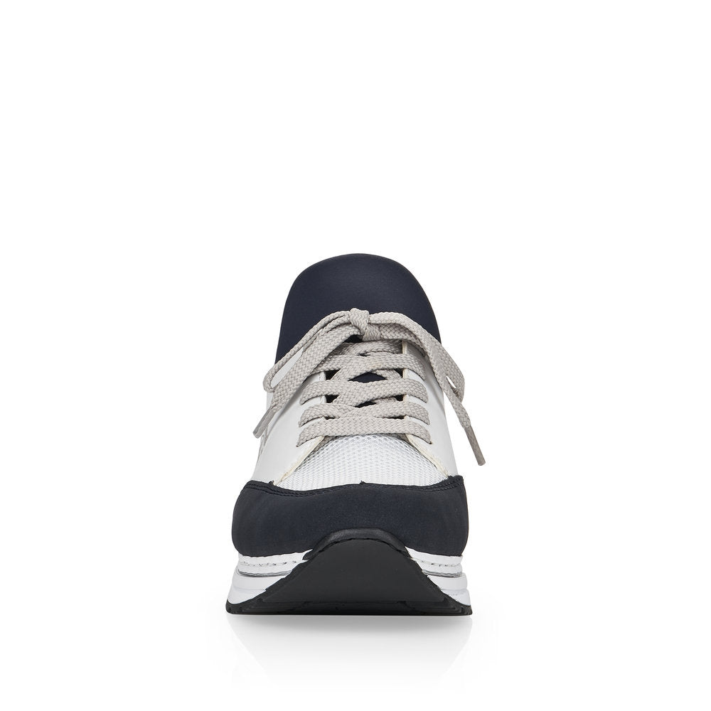 RIEKER - N6973-80 LOW WEDGE MOC LACE SLIP-ON SHOE - WHITE/NAVY
