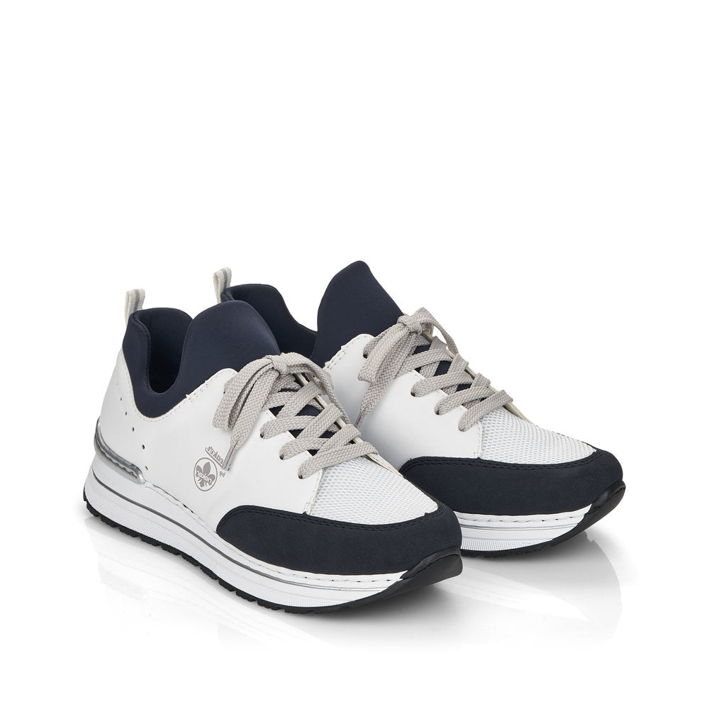 RIEKER - N6973-80 LOW WEDGE MOC LACE SLIP-ON SHOE - WHITE/NAVY