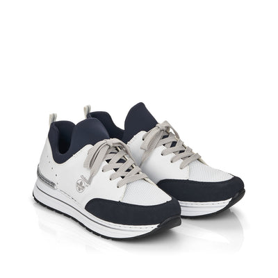 RIEKER - N6973-80 LOW WEDGE MOC LACE SLIP-ON SHOE - WHITE/NAVY