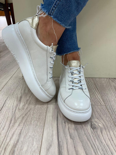 WONDERS - A-2615 FLAT LACED SHOE - OFF WHITE/GOLD