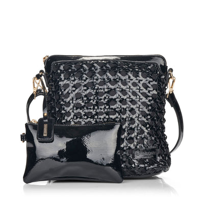 REMONTE - Q0612-02 ZIP SHOULDER BAG WITH INTERTWINED PATTERN - BLACK
