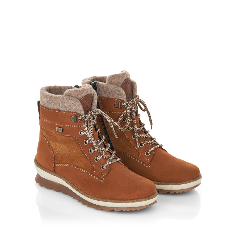 REMONTE - R8477-22 TEX LACED ANKLE BOOT KNITTED COLLAR - TAN