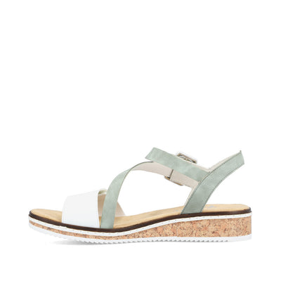 RIEKER - V3660-52 FLAT VELCRO/BUCKLE STRAP COMFORT SANDAL - WHITE/GREEN