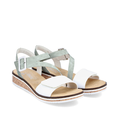 RIEKER - V3660-52 FLAT VELCRO/BUCKLE STRAP COMFORT SANDAL - WHITE/GREEN